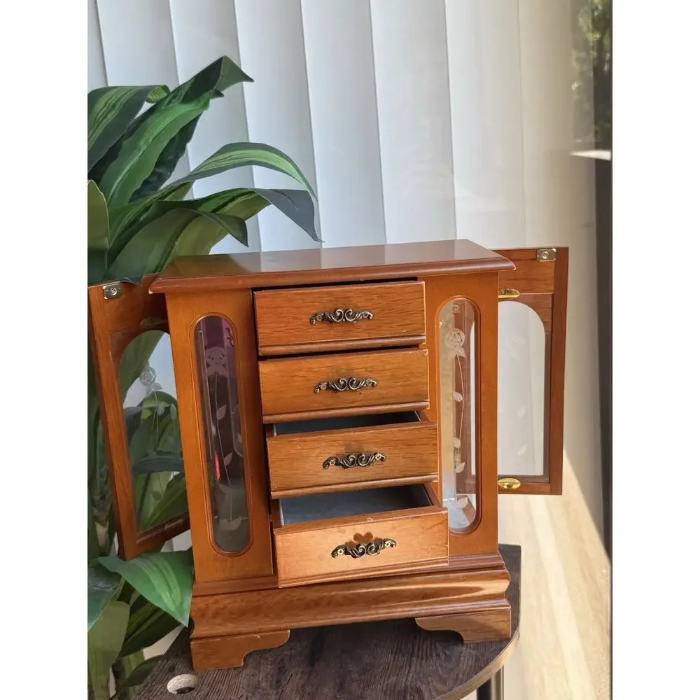 Large Vintage Solid Wood Etched Glass Armoire Style Jewelry Box